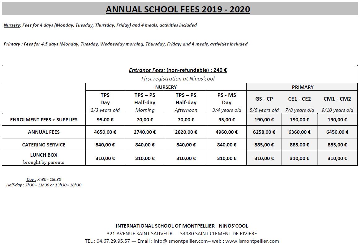 Annual School Fees - Wednesday - 2019-2020 - IS of Montpellier